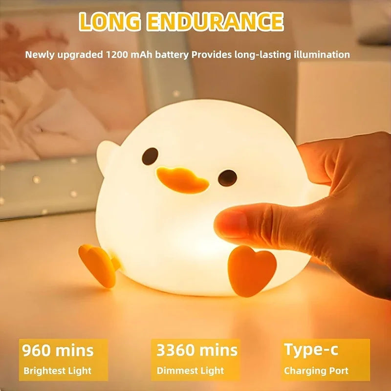 LED Night Light Cute Duck Cartoon Animals Silicone Lamp for Children Kid Touch Sensor Timing USB Rechargeable for Birthday Gifts