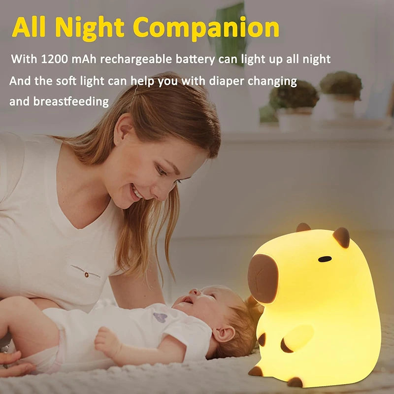 Cute Capybara Night Light Children's Silicone Nightlight Gift USB Rechargeable Animal Touch Bedside Sleep Lamp Decoration